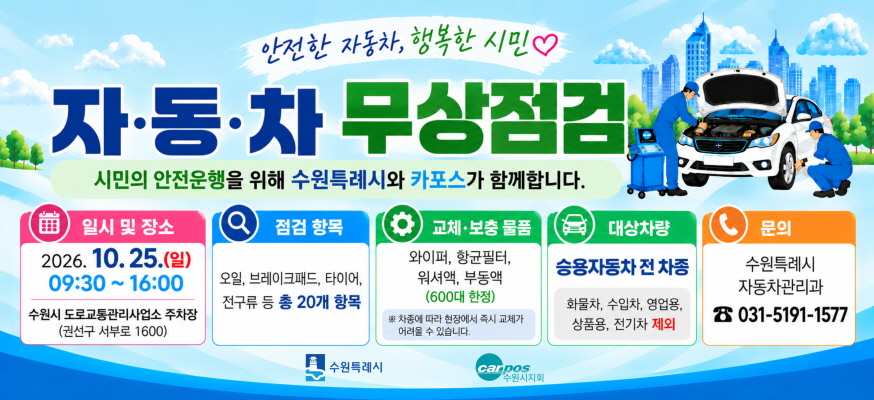 안전한 자동차, 행복한 시민  자동차 무상점검  시민의 안전운행을 위해 수원특례시와 카포스가 함께합니다  일시 및 장소 2026. 10. 25.일 09:30 ~ 16:00  수원시 도로교통관리사업소 주차장(권선구 서부로 1600)  점검 항목  오일 브레이크패드 타이어 전구류 등 총 20개 항목  교체 보충 물품  와이퍼 향균필터 워셔액 부동액 600대 한정  대상차량 승용자동차 전 차종  화물차 수입차 영업용 상품용 전기차 제외  문의 수원특례시 자동차관리과 031 5191 1577
